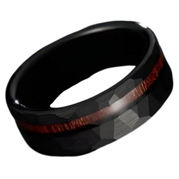 Hammered Tungsten Carbide Koa Wood Inlay Channel Wedding engagement ring - Picture 5 of 7